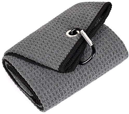 Mile High Life Tri-Falt Golf Handtuch | Premium Mikrofasermaterial | Waffelmuster | mit robustem Karabinerhaken | Golfhandtuch für Männer und Frauen | 40x60 cm
