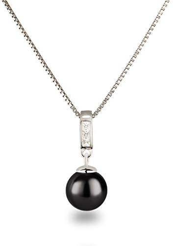 Schöner-SD Silberkette mit Anhänger Perle 10mm und Zirkonia 925 Silber rhodiniert schwarz