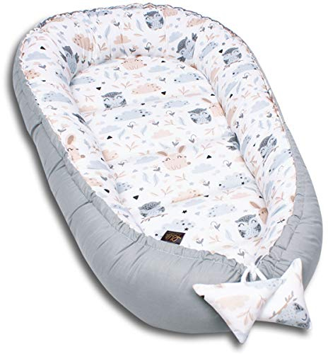 PaLulli Kuschelnest 2-seitig Babynest Babynestchen Baby Nest Nestchen Reisebett Wickelauflage Kuschelbett, Kokon Kokon für Babybett - Babys und Säuglinge, 100% Baumwolle Oeko TEX (Owls)