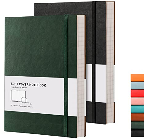 RETTACY Notizbuch Liniert - 2er Pack,19 x 25 cm 100 gsm, 408 Nummerierten Seiten, Kostenlose Haftnotiz-Teiler (Schwarz,Grün)