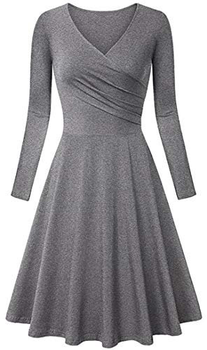 JIER Damen V-Ausschnitt Skaterkleid Langarm Elegant Etuikleid Kleid Baumwolle Kleider A-Linie Wickelkleid Vintage Knielang Abendkleid Rockabilly Kleider (Grau,X-Large)