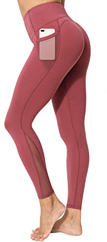 neppein Sport Leggings mit Taschen,Damen High Waist Blickdicht Leggings Sporthose Yogahose Fitnesshose, Weinrot, L