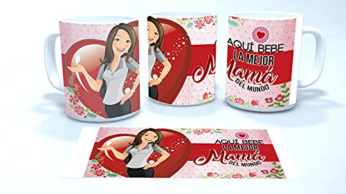 Taza Desayuno Personalizada para Regalo día de la Madre.-Aquí Bebe la Mejor Mama del Mundo.- Regalo Original para Mujeres con Frase.350 ml. (Madre Castaña)