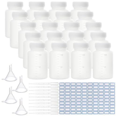 OLYCRAFT 20PCS Botellas de Plástico de Boca Ancha con Tapas Botella de Muestra de Plástico de Laboratorio Botella de Reactivo Graduada de 100 ml para Proyecto Escolar de Laboratorio