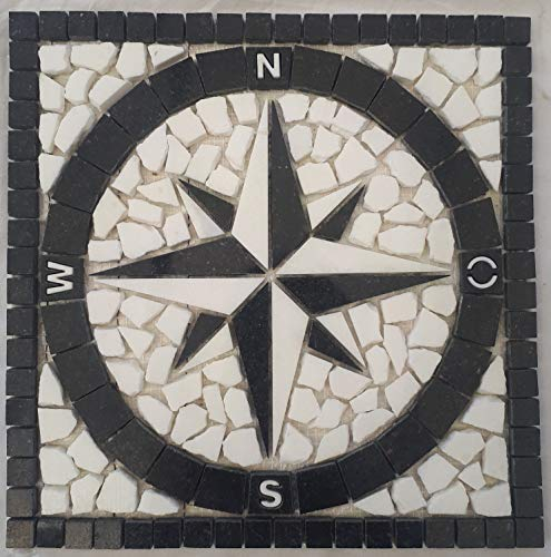 Piastrelle per pavimenti nere Star Galaxy, pietra naturale, rosone, 30 x 30 cm, granito per esterni, rosa dei vento, mosaico, bianco 065