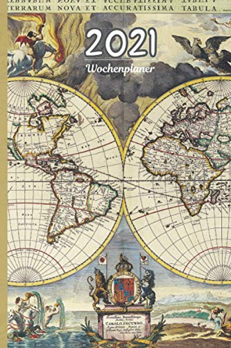 Wochenplaner 2021 Vintage: Timer A5 klein mit ToDo Liste | Wochenkalender | Organizer | Kalenderbuch | Tagebuch | Terminkalender | Motiv: antike Weltkarte
