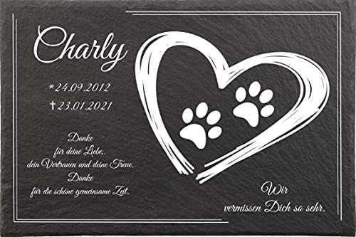 Pokal Center Westerheider Tiergrabstein Hundepfoten im Herz, Grabsteine für Hunde, Gedenktafel aus Naturschiefer, mit personalisierten Text, 30x20cm