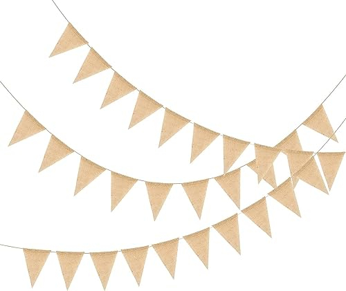 KATOOM 12M Wimpelkette Hochzeitsdeko Vintage Girlande Hochzeit 50Pcs Jute Wimpel Gartendeko für Draußen Wimpelgirlande Flaggen Leinen Einschulung Deko für Kinderzimmer Geburtstag Party