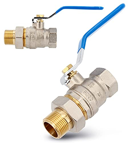 Messing Kugelhahn Ø 1 Zoll mit Verschraubung DN25 Innengewinde Außengewinde & Hebelgriff Stahlgriff | Voller Durchgang Absperrventil Absperrhahn mit Drossel PTFE & Dichtring Blau Vernickelt