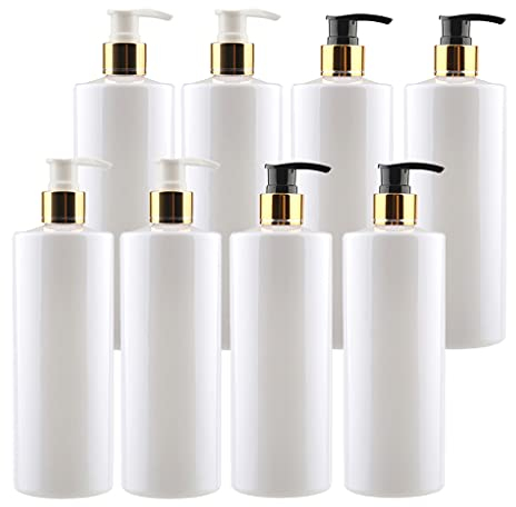ZEOABSY 8 Stück 500ml Leere Lotionspender Gelspender Weiß Kunststoff Flasche mit 4X Gold/Schwarz und 4X Gold/Weiß Lotion-Spender Nachfüllbare zum befüllen für Badezimmer Shampoo Öl
