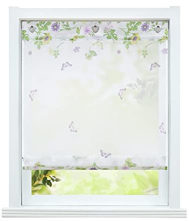 ESLIR Raffrollo ohne Bohren Voile Transparente Raffgardine mit Ösen Gardinen mit U-Haken Ösenrollo Modern Vorhänge Schmetterling Muster BxH 140x140cm 1 Stück