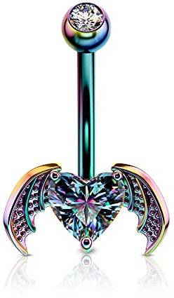 CM Crareesi Mania Regenbogen Fledermaus Bauchnabelpiercing Chirurgenstahl Silber 14G Bauchnabelpiercing 10mm Stablänge klare Zirkonia Bauchnabelringe Holleween Körperpiercing