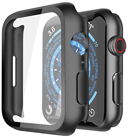 Misxi [2 Pezzi] Nero Custodia Rigida con Vetro Temperato Protezione Schermo per Apple Watch Serie 9 Serie 8 Serie 7 45mm, HD Ultra Sottile Anti-Graffio Protettiva Cover per iWatch