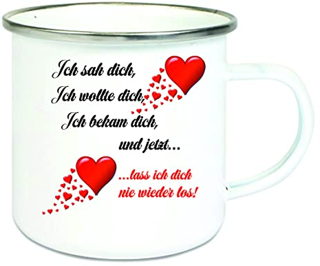 Crealuxe Emaille Tasse Ich sah dich, ich wollte dich, ich - Kaffeetasse mit Motiv, Campingtasse, bedruckte Emailletasse mit Wunschtext