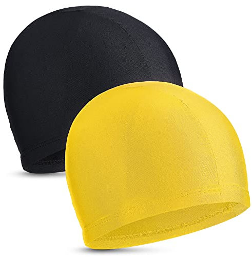 2 Pièces Bonnets de Bain Élastiques Bonnet de Natation en Tissu Confortable Bonnets de Bain Légers pour Femmes Hommes Enfants en Nageant (Noir, Jaune)