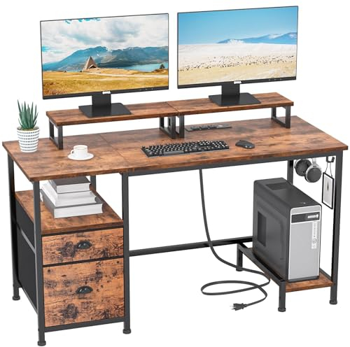 Furologee Computertisch mit Aktenschrank und Steckdosen, Heimbüro-Schreibtisch mit 2 Monitorständern und Aufbewahrungsschublade, Schreibtisch-Gaming-Tisch mit Regalen und 2 Haken für Schlafzimmer