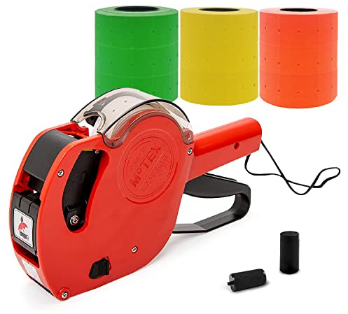 Motex MX-5500 Neue Version 1 Zeile 8 Ziffern Preisschild Gun Kit – enthält 10.000 leere Etiketten (weiß + rot + gelb + grün) und 1 vorinstallierte Tinte mit 1 Tintenmine