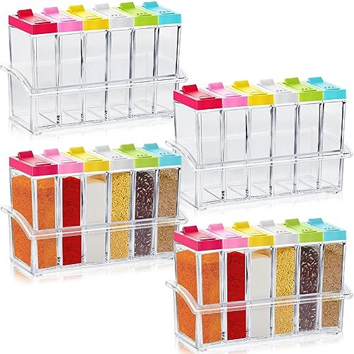 Maxdot 24 Pcs Spice Shaker Jars? Colored Plastic Seasoning Shaker Box with Lid and Tray Condiment Set Multi Container for Travel Camping Rack Spice Pots Storage Salt Sugar Cruet, Clear