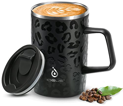 Ideus Vacuum Insulated Coffee Mug, 16oz Reusable Stainless Steel Thermal Double Walled Cup with Handle and Slider Lid for Hot & Cold Beverages, BPA Free (Leapord Black)