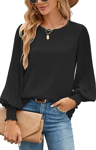 Damen Bluse Elegant Lässige Lose Tops Schwarz Einfarbig Herbst Oberteile Casual Mode Locker Doppellagig Langarmshirt Chiffon Hemdbluse Langarm Shirt Tunika Bekleidung