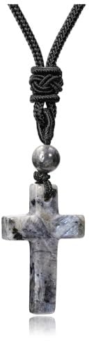 Jovivi Men Cross Necklace Women Natural Black Labradorite Crystal Gemstone Healing Necklace Adjustable Rope Mens Jewellery Christian Gifts for Men Christmas Birthday
