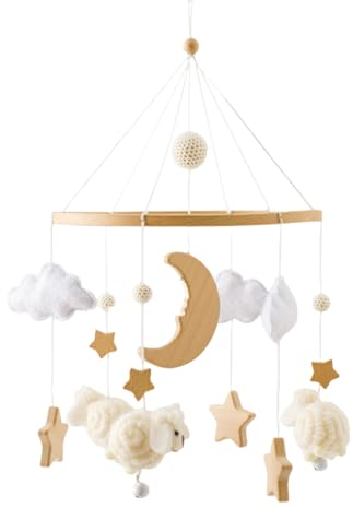 Herfair Mobile Baby Bettglocke mit Sterne Mond Schafe Hölz Mädchen Hängende Mobile Windspiel für Babybett Kinderbett (Beige)
