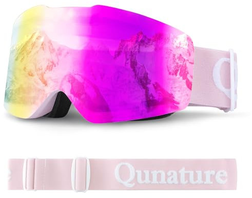 Qunature Lunettes Ski OTG Hiver Visière Protection UV400 Masque Anti-buée Élastique Respirant Jouer Neige Homme Femme Compatibles avec Casque Grand Vision Non-Cadre Snowboard Motoneige Escalade Rose