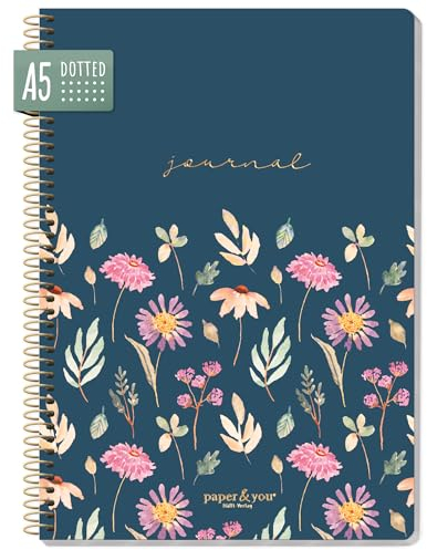 paper&you® Bullet Journal dotted A5 mit Spiralbindung Flying Flowers 160 Seiten, Notizbuch gepunktet mit Spirale, College-Block, Spiral-Block, Notizblock - nachhaltig & klimafreundlich