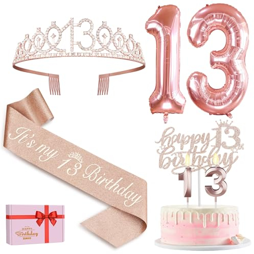 13. Geburtstag Mädchen Deko, 13. Geburtstag Krone und Schärpe, Happy Birthday Tortendeko Kerzen, Luftballons Rosegold, Geschenke für Mädchen 13 Jahre