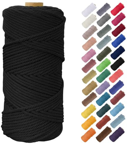Binwat Cordón de macramé grueso de 5 mm x 100 m, hilo trenzado de algodón natural para colgar en la pared, ganchos de plantas, tejer, proyectos decorativos (negro)
