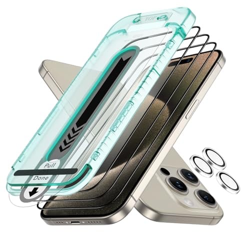 ESR Protector Pantalla para iPhone 15 Pro Max, 3 Piezas, Cristal Templado Ultra Resistente Arañazos, Marco Instalación Fácil, Protección Grado Militar