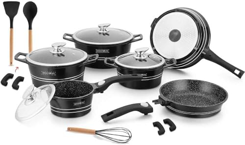 Set di Batterie Pentole e Padelle 17 Pz in Alluminio pressofuso Antiaderente Rivestimento In Marmo ideale per Piano Induzione o Gas, Coperchi in Vetro e Utensili Inclusi Royalty RL-ES2014M (Nero)