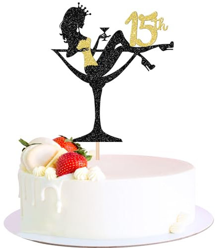 SYKYCTCY 1 Pack Sitting Girl Cake Topper Glitter Fifteen High Heel Girl 15th Birthday Cake Pick Cheers to 15 Years Cake Decorations for Girl Lady Makeup Spa Theme Happy 15th Birthday Party Supplies
