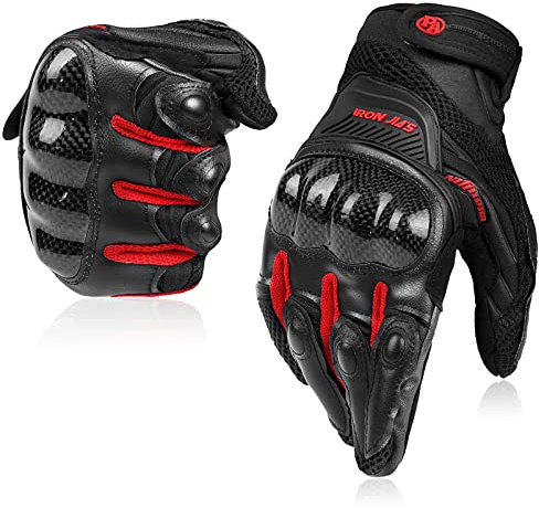BORLENI Motorradhandschuhe Atmungsaktive Motorradhandschuhe Leder Vollfinger Knöchelschutzpolster Touchscreen Rot XXL