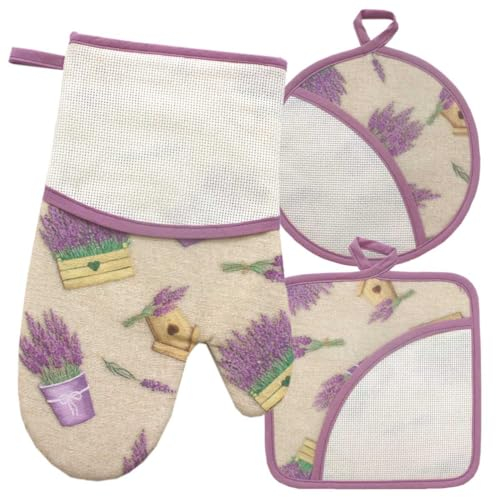 Guantone e presine da cucina da ricamare a Punto Croce, Set Guanto da forno e presine, Guantone da forno e presine con Tela Aida in fantasia Lavanda
