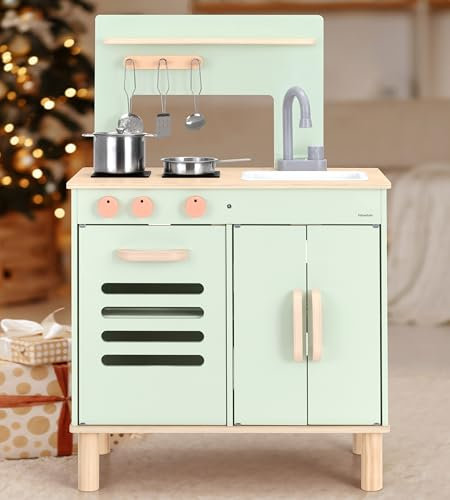 Pillowhale Kinderküche Holz für Kleinkinder, Montessori Spielküche Kinder mit Zubehör, Rollenspiel Spielzeugküche aus Holz,Kids Play Kitchen, Geschenk für Mädchen Jungen ab 3 (Grüner)