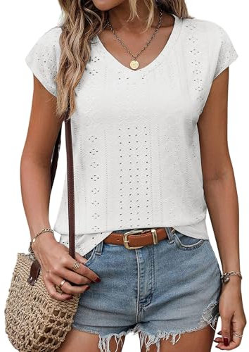 Zeagoo White Tops for Women UK Loose V Neck Short Sleeve Ladies T Shirts Summer Elegant Eyelet Tee M