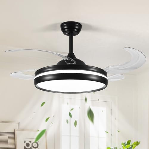 LINAZI Ceiling Fans with Lights, Ceiling Fans with Lights and Remote, 74W with 4 Reversible Retractable Blades/6 Speeds/3Timing/ Ceiling Fan with LED Light, for Ceiling Lighting Livingroom or Bedroom