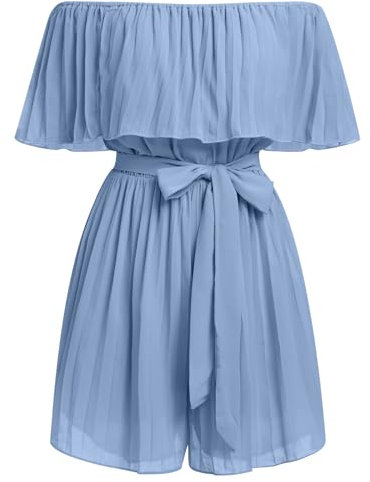 FYMNSI Damen Off Shoulder Jumpsuit Schulterfreier Chiffon Jumpsuit Kurz Playsuit Overall mit G�rtel R�schen Plissee Elegant Mini Playsuit Boho Strand Rompers Bodysuit Strampler Partykleid Blau XL