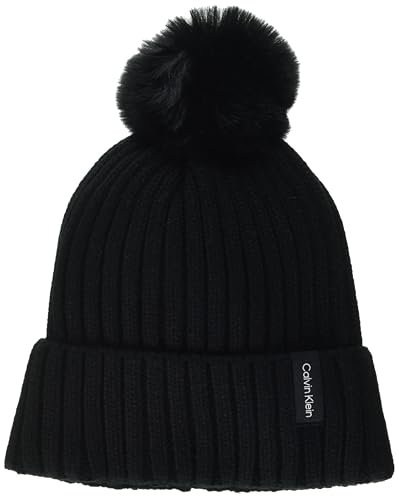Calvin Klein Damen Faux Fur Pom Knit Cold Weather Super Soft Hat Beanie-Mütze, Schwarz, Einheitsgröße
