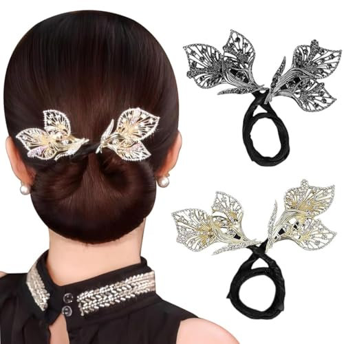 2 Piezas Pelo Moño Gomas para el Pelo Horquilla para Peinar el Cabello Donut Herramienta de Rosquilla de Giratoria, Accesorios para el Pelo de Diamantes Imitación, Adecuado para Cabello Medio a Largo