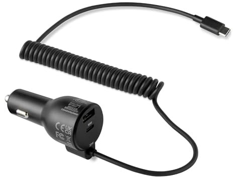 Chargeur de voiture à charge rapide Amazon Basics, 1 port USB-C + 1 port USB-A + 1 câble spiralé USB-C intégré, 60 W, noir