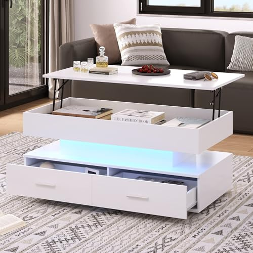 Merax Couchtisch höhenverstellbarer Wohnzimmertisch mit LED-Beleuchtung, Kaffeetisch mit 2 Schubladen, offener und versteckter Stauraum, Sofatisch aus Holz, Beistelltisch für Wohnzimmer, Büro, Weiß