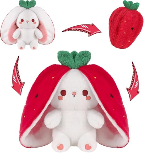 Strawberry Bunny Plush 7inch/18cm Cute Plushies Reversible Cuddly Rabbit | Strawberry Plush Toy Bunny Teddy Presents with Zipper, Birthday Gifts for Babies Toddlers Kids Boys Girls