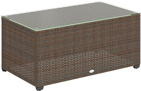 Outsunny Outdoor Couchtisch, PE Rattan Beistelltisch mit gehärteter Glasplatte, Wicker Rechteckig Garten Couchtisch Endtisch mit Stahlrahmen für Terrasse, Balkon, 90 x 50 x 38cm, Braun