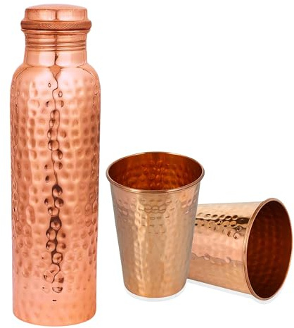 CRAFTSTRIBE Handcrafted Pure Copper Water Bottle – 950 ML (32.5 Oz) Capacity | Hammered Design | 100% Pure Copper Water Bottle Vessel | Leak-Proof | Authentic Copper Bottle with 2 COPPER GLASS