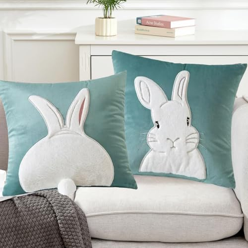 2 Stück Kissenbezug Ostern 45x45 cm, Osterhase Deko Plüsch Kissenhülle, Osterdeko Modern Kissenbezüge 45x45 cm, Deko Frühling Aesthetic Hase Zierkissenbezüge für Ostern Deko Innen, Wohnzimmer (Grün)