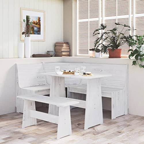 ChicAbode 3-TLG. Eckbankgruppe Reine Weiß Massivholz Kiefer Essgruppe Tischgruppe Sitzgruppe Esszimmergarnitur Tischset Eckbank Esszimmertisch