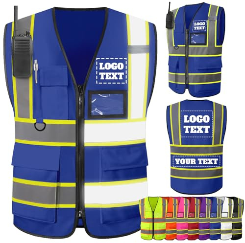 Gridachi Warnweste Sicherheitsweste mit Personalisierte Logo Text-individuellem Reflektierende,gut sichtbare,zweifarbige Arbeitsweste für Herren,Baujackenwesten mit Reißverschlusstaschen