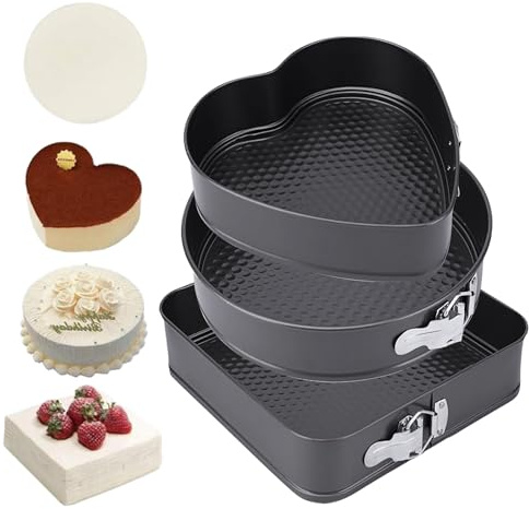 ZYETGH 3 PCS Springform Heart Cake Tins, Non-Stick Cheesecake Tin Round Heart Square Cake Pan Removable Bottom Cake Tin Set for Baking Bread Pizza (20cm/22cm/24cm)